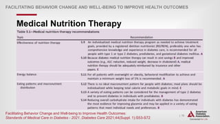 | 73
FACILITATING BEHAVIOR CHANGE AND WELL-BEING TO IMPROVE HEALTH OUTCOMES
Medical Nutrition Therapy
Facilitating Behavior Change and Well-being to Improve Health Outcomes:
Standards of Medical Care in Diabetes - 2021. Diabetes Care 2021;44(Suppl. 1):S53-S72
 