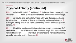 | 77
Physical Activity (continued)
FACILITATING BEHAVIOR CHANGE AND WELL-BEING TO IMPROVE HEALTH OUTCOMES
5.29 Adults with type 1 C and type 2 B diabetes should engage in 2–3
sessions/ week of resistance exercise on nonconsecutive days.
5.30 All adults, and particularly those with type 2 diabetes, should
decrease the amount of time spent in daily sedentary behavior. B
Prolonged sitting should be interrupted every 30 min for blood glucose
benefits. C
5.31 Flexibility training and balance training are recommended 2–3
times/week for older adults with diabetes. Yoga and tai chi may be
included based on individual preferences to increase flexibility,
muscular strength, and balance. C
 