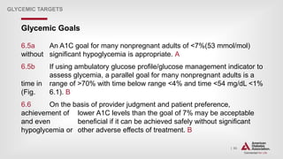 | 93
Glycemic Goals
GLYCEMIC TARGETS
6.5a An A1C goal for many nonpregnant adults of <7%(53 mmol/mol)
without significant hypoglycemia is appropriate. A
6.5b If using ambulatory glucose profile/glucose management indicator to
assess glycemia, a parallel goal for many nonpregnant adults is a
time in range of >70% with time below range <4% and time <54 mg/dL <1%
(Fig. 6.1). B
6.6 On the basis of provider judgment and patient preference,
achievement of lower A1C levels than the goal of 7% may be acceptable
and even beneficial if it can be achieved safely without significant
hypoglycemia or other adverse effects of treatment. B
 