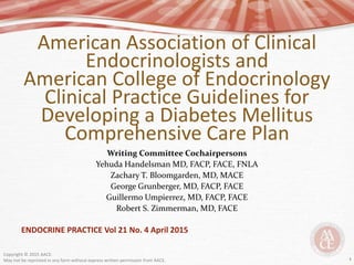 Copyright © 2015 AACE.
May not be reprinted in any form without express written permission from AACE.
ENDOCRINE PRACTICE Vol 21 No. 4 April 2015
American Association of Clinical
Endocrinologists and
American College of Endocrinology
Clinical Practice Guidelines for
Developing a Diabetes Mellitus
Comprehensive Care Plan
Writing Committee Cochairpersons
Yehuda Handelsman MD, FACP, FACE, FNLA
Zachary T. Bloomgarden, MD, MACE
George Grunberger, MD, FACP, FACE
Guillermo Umpierrez, MD, FACP, FACE
Robert S. Zimmerman, MD, FACE
1
 
