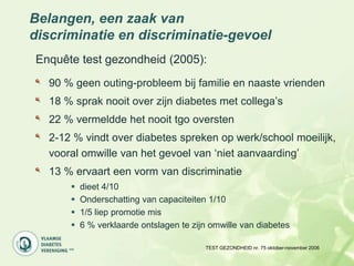 Belangen, een zaak van
discriminatie en discriminatie-gevoel
Enquête test gezondheid (2005):
  90 % geen outing-probleem bij familie en naaste vrienden
  18 % sprak nooit over zijn diabetes met collega‟s
  22 % vermeldde het nooit tgo oversten
  2-12 % vindt over diabetes spreken op werk/school moeilijk,
  vooral omwille van het gevoel van „niet aanvaarding‟
  13 % ervaart een vorm van discriminatie
         dieet 4/10
         Onderschatting van capaciteiten 1/10
         1/5 liep promotie mis
         6 % verklaarde ontslagen te zijn omwille van diabetes

                                         TEST GEZONDHEID nr. 75 oktober-november 2006
 