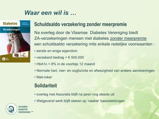 Waar een wil is …
   Schuldsaldo verzekering zonder meerpremie
   Na overleg door de Vlaamse Diabetes Vereniging biedt
   ZA-verzekeringen mensen met diabetes zonder meerpremie
   een schuldsaldo verzekering mits enkele redelijke voorwaarden :
   • eerste en enige eigendom
   • verzekerd bedrag < € 500.000
   • HbA1c < 8% in de voorbije 12 maand
   • Normale hart, nier- en oogfunctie en afwezigheid van andere aandoeningen
   • Niet-roker

   Solidariteit
   • overleg met Assuralia blijft na jaren nog steeds uit
   • Wetgevend werk blijft steken op „naakte‟ basisdekkingen
 
