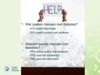 Wat zoeken mensen met diabetes?
  47% zoekt informatie
  20% zoekt contact met anderen



Waarom komen mensen met
diabetes?
  29% om te praten met anderen
  25% voor het samenzijn
  19% voor de informatie
 