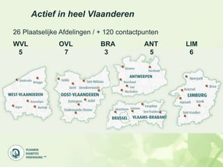 Actief in heel Vlaanderen

26 Plaatselijke Afdelingen / + 120 contactpunten
WVL            OVL          BRA            ANT     LIM
 5              7            3              5       6
 