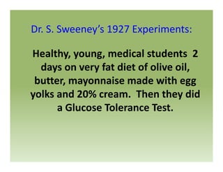 Dr. S. Sweeney’s 1927 Experiments:Dr. S. Sweeney s 1927 Experiments:
Healthy young medical students 2Healthy, young, medical students  2 
days on very fat diet of olive oil, 
butter, mayonnaise made with egg 
yolks and 20% cream. Then they didyolks and 20% cream.  Then they did 
a Glucose Tolerance Test.
 