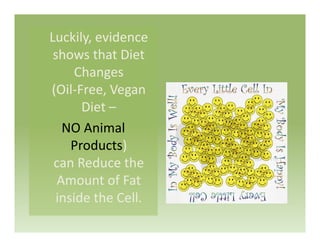 Luckily, evidence 
shows that Diet 
Changes                         g
(Oil‐Free, Vegan 
Diet –Diet –
NO Animal 
Products)
can Reduce the 
Amount of Fat 
inside the Cell.inside the Cell.
 