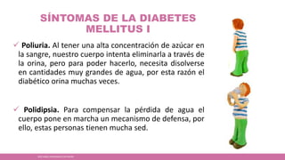 SÍNTOMAS DE LA DIABETES
MELLITUS I
 Poliuria. Al tener una alta concentración de azúcar en
la sangre, nuestro cuerpo intenta eliminarla a través de
la orina, pero para poder hacerlo, necesita disolverse
en cantidades muy grandes de agua, por esta razón el
diabético orina muchas veces.
 Polidipsia. Para compensar la pérdida de agua el
cuerpo pone en marcha un mecanismo de defensa, por
ello, estas personas tienen mucha sed.
JOSÉ ANGEL HERNÁNDEZ CASTREJÓN
 
