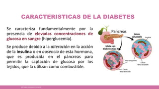 CARACTERISTICAS DE LA DIABETES
Se caracteriza fundamentalmente por la
presencia de elevadas concentraciones de
glucosa en sangre (hiperglucemia).
Se produce debido a la alteración en la acción
de la insulina o en ausencia de esta hormona,
que es producida en el páncreas para
permitir la captación de glucosa por los
tejidos, que la utilizan como combustible.
JOSÉ ANGEL HERNÁNDEZ CASTREJÓN
 