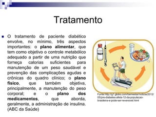 Tratamento


O tratamento de paciente diabético
envolve, no mínimo, três aspectos
importantes: o plano alimentar, que
tem como objetivo o controle metabólico
adequado a partir de uma nutrição que
forneça
calorias
suficientes
para
manutenção de um peso saudável e
prevenção das complicações agudas e
crônicas do quadro clínico; o plano
físico,
que
também
objetiva,
principalmente, a manutenção do peso
corporal;
e
o
plano
dos
medicamentos,
que
aborda,
geralmente, a administração de insulina.
(ABC da Saúde)

Fonte:http://g1.globo.com/bemestar/noticia/2012/
05/pre-diabetes-afeta-12-da-populacaobrasileira-e-pode-ser-reversivel.html

 