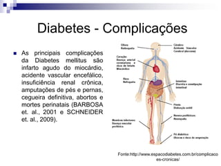Diabetes - Complicações


As principais complicações
da Diabetes mellitus são
infarto agudo do miocárdio,
acidente vascular encefálico,
insuficiência renal crônica,
amputações de pés e pernas,
cegueira definitiva, abortos e
mortes perinatais (BARBOSA
et. al., 2001 e SCHNEIDER
et. al., 2009).

Fonte:http://www.espacodiabetes.com.br/complicaco
es-cronicas/

 