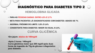 DIAGNÓSTICO PARA DIABETES TIPO 2
• PARA AS PESSOAS SADIAS: ENTRE 4,5% E 5,7%
• META PARA PACIENTES JÁ DIAGNOSTICADOS COM DIABETES: ABAIXO DE 7%
• ANORMAL PRÓXIMO DO LIMITE: 5,8% E 6,4%
• CONSISTENTE PARA DIABETES: MAIOR OU IGUAL A 6,5%.
CURVA GLICÊMICA
•Em jejum: abaixo de 100mg/dl
•Após 2 horas: 140mg/dl
Curva glicêmica maior que 200 mg/dl após duas
horas da ingestão de 75g de glicose é diagnóstico
para diabetes.
HEMOGLOBINA GLICADA
 
