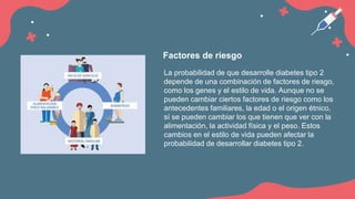 La probabilidad de que desarrolle diabetes tipo 2
depende de una combinación de factores de riesgo,
como los genes y el estilo de vida. Aunque no se
pueden cambiar ciertos factores de riesgo como los
antecedentes familiares, la edad o el origen étnico,
sí se pueden cambiar los que tienen que ver con la
alimentación, la actividad física y el peso. Estos
cambios en el estilo de vida pueden afectar la
probabilidad de desarrollar diabetes tipo 2.
Factores de riesgo
 