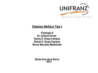 Diabetes Mellitus Tipo I
        Fisiologia II
    Dr. Antonio Arnez
 Roney E. Graça Campos
 Renan E. Graça Campos
Bruno Marcatto Maldonado




  Santa Cruz de la Sierra
            2012
 