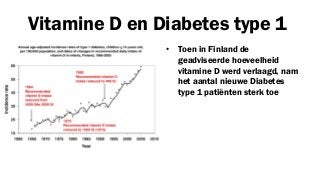 Vitamine D en Diabetes type 1
•

Toen in Finland de
geadviseerde hoeveelheid
vitamine D werd verlaagd, nam
het aantal nieuwe Diabetes
type 1 patiënten sterk toe

 