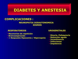 DIABETES Y ANESTESIA
COMPLICACIONES :
NEUROPATIA DISAUTONOMICA
SIGNOS
UROGENITALES
 Disuria, Poliaquiuria
 Retención aguda
 Incontinencia
 Infecciones
 Impotencia
RESPIRATORIOS
 Neumonias de repetición
 Broncoaspiración
 < Respuesta Hipoxemia / Hipercapnia
 