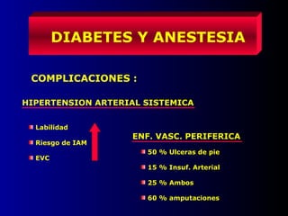 DIABETES Y ANESTESIA
COMPLICACIONES :
HIPERTENSION ARTERIAL SISTEMICA
Labilidad
Riesgo de IAM
EVC
ENF. VASC. PERIFERICA
50 % Ulceras de pie
15 % Insuf. Arterial
25 % Ambos
60 % amputaciones
 