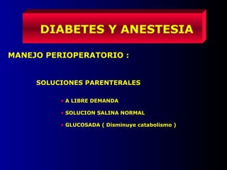 MANEJO PERIOPERATORIO :
DIABETES Y ANESTESIA
SOLUCIONES PARENTERALES
• A LIBRE DEMANDA
• SOLUCION SALINA NORMAL
• GLUCOSADA ( Disminuye catabolismo )
 
