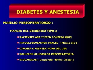 MANEJO PERIOPERATORIO :
DIABETES Y ANESTESIA
MANEJO DEL DIABETICO TIPO 2
PACIENTES ASA II BIEN CONTROLADOS
HIPOGLUCEMIANTES ORALES ( Mismo día )
CIRUGIA A PRIMERA HORA DEL DIA
SOLUCION GLUCOSADA PREOPERATORIA
BIGUANIDAS ( Suspender 48 hrs. Antes )
 