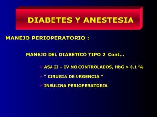 MANEJO PERIOPERATORIO :
DIABETES Y ANESTESIA
MANEJO DEL DIABETICO TIPO 2 Cont...
 ASA II – IV NO CONTROLADOS, HbG > 8.1 %
 “ CIRUGIA DE URGENCIA “
 INSULINA PERIOPERATORIA
 