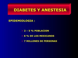 DIABETES Y ANESTESIA
EPIDEMIOLOGIA :
 2 – 5 % POBLACION
 8 % DE LOS MEXICANOS
 7 MILLONES DE PERSONAS
 
