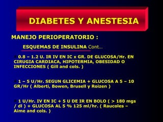 0.8 – 1.2 U. IR IV EN IC x GR. DE GLUCOSA/Hr. EN
CIRUGIA CARDIACA, HIPOTERMIA, OBESIDAD O
INFECCIONES ( Gill and cols. )
1 – 5 U/Hr. SEGUN GLICEMIA + GLUCOSA A 5 – 10
GR/Hr ( Alberti, Bowen, Brusell y Roizen )
1 U/Hr. IV EN IC + 5 U DE IR EN BOLO ( > 180 mgs
/ dl ) + GLUCOSA AL 5 % 125 ml/hr. ( Raucoles –
Aime and cols. )
MANEJO PERIOPERATORIO :
ESQUEMAS DE INSULINA Cont…
DIABETES Y ANESTESIA
 