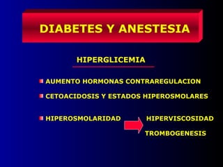 DIABETES Y ANESTESIA
HIPERGLICEMIA
AUMENTO HORMONAS CONTRAREGULACION
CETOACIDOSIS Y ESTADOS HIPEROSMOLARES
HIPEROSMOLARIDAD HIPERVISCOSIDAD
TROMBOGENESIS
 