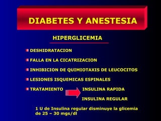 DESHIDRATACION
FALLA EN LA CICATRIZACION
INHIBICION DE QUIMIOTAXIS DE LEUCOCITOS
LESIONES ISQUEMICAS ESPINALES
TRATAMIENTO INSULINA RAPIDA
INSULINA REGULAR
1 U de Insulina regular disminuye la glicemia
de 25 – 30 mgs/dl
DIABETES Y ANESTESIA
HIPERGLICEMIA
 