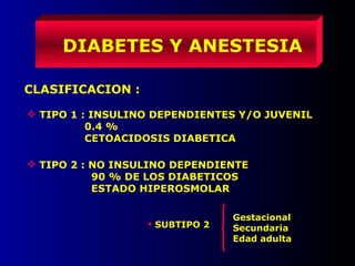 DIABETES Y ANESTESIA
CLASIFICACION :
 TIPO 1 : INSULINO DEPENDIENTES Y/O JUVENIL
0.4 %
CETOACIDOSIS DIABETICA
 TIPO 2 : NO INSULINO DEPENDIENTE
90 % DE LOS DIABETICOS
ESTADO HIPEROSMOLAR
Gestacional
Secundaria
Edad adulta
 SUBTIPO 2
 