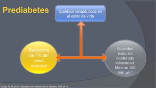 Cambios terapéuticos en
el estilo de vida
Reducción
de 7% del
peso
corporal
Guìas ALAD 2013 / Standards of medical care in diabetes. ADA 2013
Prediabetes
 