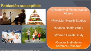 Población susceptible
Guìas ALAD 2013 / Standards of medical care in diabetes. ADA 2013
•University of Pennsylvania
Alumni
•Physician Health Studies
•Nurses Heatlh Study
•Women Health Study
•Cooper Institute for
Aerobics Research
 
