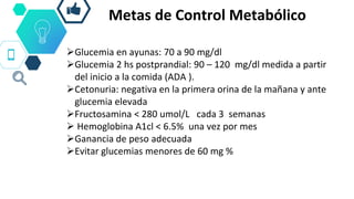 Metas de Control Metabólico
Glucemia en ayunas: 70 a 90 mg/dl
Glucemia 2 hs postprandial: 90 – 120 mg/dl medida a partir
del inicio a la comida (ADA ).
Cetonuria: negativa en la primera orina de la mañana y ante
glucemia elevada
Fructosamina < 280 umol/L cada 3 semanas
 Hemoglobina A1cl < 6.5% una vez por mes
Ganancia de peso adecuada
Evitar glucemias menores de 60 mg %
 
