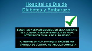 Al momento del ALTA se otorgara EPICRISIS mas
CARTILLA DE CONTROL METABOLICA COMPLETA
SEGÚN EG Y ESTADO METABOLICO DE LA PACIENTE
SE COORDINA NUEVA INTERNACION EN HDD O
INTERNACION ES SALA DE ALTO RIESGO
 