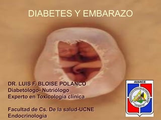 DIABETES Y EMBARAZO




DR. LUIS F. BLOISE POLANCO
Diabetólogo- Nutriólogo
Experto en Toxicología clínica

Facultad de Cs. De la salud-UCNE
Endocrinología
 