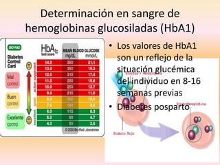 Determinación en sangre de
hemoglobinas glucosiladas (HbA1)
               • Los valores de HbA1
                 son un reflejo de la
                 situación glucémica
                 del individuo en 8-16
                 semanas previas
               • Diabetes posparto
 