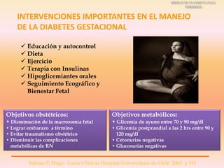 INTERVENCIONES IMPORTANTES EN EL MANEJO
    DE LA DIABETES GESTACIONAL

       Educación y autocontrol
       Dieta
       Ejercicio
       Terapia con Insulinas
       Hipoglicemiantes orales
       Seguimiento Ecográfico y
        Bienestar Fetal


Objetivos obstétricos:                        Objetivos metabólicos:
• Disminución de la macrosomía fetal          • Glicemia de ayuno entre 70 y 90 mg/dl
• Lograr embarazo a término                   • Glicemia postprandial a las 2 hrs entre 90 y
• Evitar traumatismo obstétrico                 120 mg/dl
• Disminuir las complicaciones                • Cetonurias negativas
  metabólicas de RN                           • Glucosurias negativas


         Salinas P, Hugo. Guias Clinicas Hospital Universitario de Chile. 2005. p 315
 