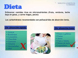 Dieta
Enfocarse: comidas ricas en micronutrientes (fruta, verduras, leche
baja en grasa, y carne magra, peces)

Los carbohidratos recomendados son polisacáridos de absorción lenta.



De absorción rápida                                 De absorción lenta
 • Azúcar
 • Bombones                                          • Panes y galletas
 • Caramelos                                         • Pastas
 • Chocolate                                         • Arroz
 • Gaseosas                                          • Papa y batata


                X                                                    .
 • Helados                                           • Masas de tarta
 • Mermeladas                                        • Legumbres
 • Miel
 