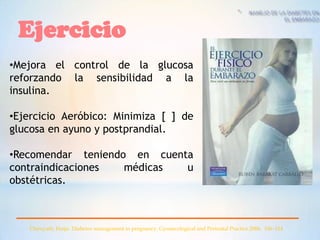 Ejercicio
•Mejora el control de la glucosa
reforzando la sensibilidad a la
insulina.

•Ejercicio Aeróbico: Minimiza [ ] de
glucosa en ayuno y postprandial.

•Recomendar teniendo en cuenta
contraindicaciones  médicas  u
obstétricas.



   Chirayath, Haiju. Diabetes management in pregnancy. Gynaecological and Perinatal Practice 2006. 106–114
 