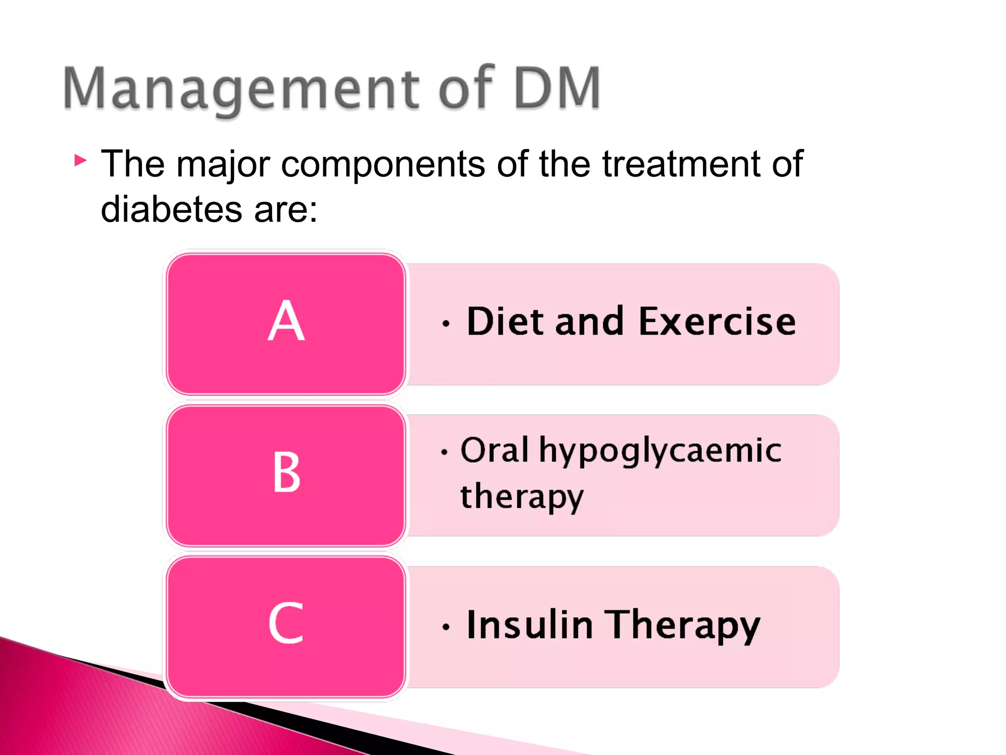  The major components of the treatment of
diabetes are:
 