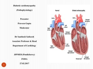 Diabetic cardiomyopathy
(Pathophysiology)
Presenter
Praveen Gupta
Moderator
Dr Santhosh Satheesh
Associate Professor & Head
Department of Cardiology
JIPMER (Pondicherry)
INDIA
27.02.2017
1
 