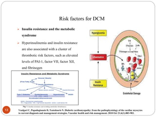 Risk factors for DCM
 Insulin resistance and the metabolic
syndrome
 Hyperinsulinemia and insulin resistance
are also associated with a cluster of
thrombotic risk factors, such as elevated
levels of PAI-1, factor VII, factor XII,
and fibrinogen
13 Voulgari C, Papadogiannis D, Tentolouris N. Diabetic cardiomyopathy: from the pathophysiology of the cardiac myocytes
to current diagnosis and management strategies. Vascular health and risk management. 2010 Oct 21;6(1):883-903.
 