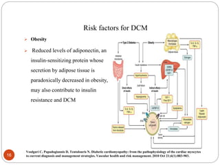Risk factors for DCM
 Obesity
 Reduced levels of adiponectin, an
insulin-sensitizing protein whose
secretion by adipose tissue is
paradoxically decreased in obesity,
may also contribute to insulin
resistance and DCM
16
Voulgari C, Papadogiannis D, Tentolouris N. Diabetic cardiomyopathy: from the pathophysiology of the cardiac myocytes
to current diagnosis and management strategies. Vascular health and risk management. 2010 Oct 21;6(1):883-903.
 
