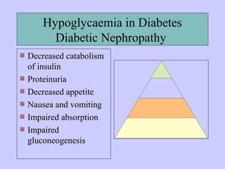 Hypoglycaemia in Diabetes
Diabetic Nephropathy
Decreased catabolism
of insulin
Proteinuria
Decreased appetite
Nausea and vomiting
Impaired absorption
Impaired
gluconeogenesis
 