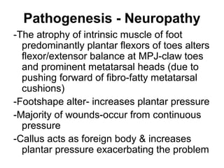 Pathogenesis - Neuropathy
-The atrophy of intrinsic muscle of foot
predominantly plantar flexors of toes alters
flexor/extensor balance at MPJ-claw toes
and prominent metatarsal heads (due to
pushing forward of fibro-fatty metatarsal
cushions)
-Footshape alter- increases plantar pressure
-Majority of wounds-occur from continuous
pressure
-Callus acts as foreign body & increases
plantar pressure exacerbating the problem
 