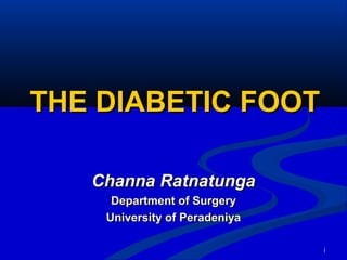 1
THE DIABETIC FOOTTHE DIABETIC FOOT
Channa RatnatungaChanna Ratnatunga
Department of SurgeryDepartment of Surgery
University of PeradeniyaUniversity of Peradeniya
 