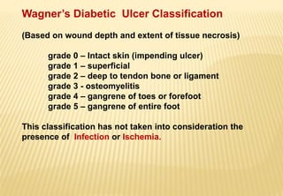 Wagner’s Diabetic Ulcer Classification
(Based on wound depth and extent of tissue necrosis)
grade 0 – Intact skin (impending ulcer)
grade 1 – superficial
grade 2 – deep to tendon bone or ligament
grade 3 - osteomyelitis
grade 4 – gangrene of toes or forefoot
grade 5 – gangrene of entire foot
This classification has not taken into consideration the
presence of Infection or Ischemia.
 