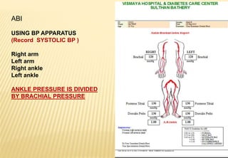 ABI
USING BP APPARATUS
(Record SYSTOLIC BP )
Right arm
Left arm
Right ankle
Left ankle
ANKLE PRESSURE IS DIVIDED
BY BRACHIAL PRESSURE
 