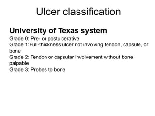 Ulcer classification
University of Texas system
Grade 0: Pre- or postulcerative
Grade 1:Full-thickness ulcer not involving tendon, capsule, or
bone
Grade 2: Tendon or capsular involvement without bone
palpable
Grade 3: Probes to bone
 