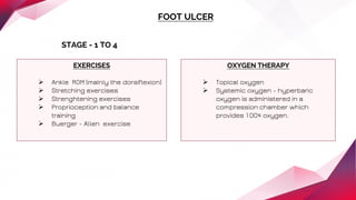 FOOT ULCER
STAGE - 1 TO 4
OXYGEN THERAPY
 Topical oxygen
 Systemic oxygen - hyperbaric
oxygen is administered in a
compression chamber which
provides 100% oxygen.
EXERCISES
 Ankle ROM (mainly the dorsiflexion)
 Stretching exercises
 Strenghtening exercises
 Proprioception and balance
training
 Buerger - Allen exercise
 