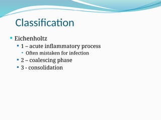 Classification
 Eichenholtz
 1 – acute inflammatory process
 Often mistaken for infection
 2 – coalescing phase
 3 - consolidation
 