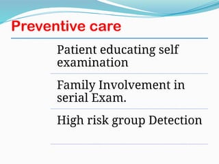 Preventive care
Patient educating self
examination
Family Involvement in
serial Exam.
High risk group Detection
 